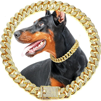 Coleira de corrente de cachorro de luxo dourada para animais de estimação, coleira de metal para cães pequenos, médios e grandes, gatos, joias e acessórios para animais de estimação