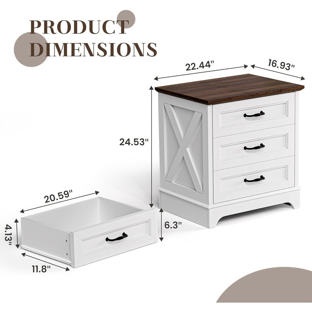 Nightstand with Drawers - Wide End Table with 3 Large Drawers & Bar Handles, Small Rustic Wood Chest of Drawers for Bedroom