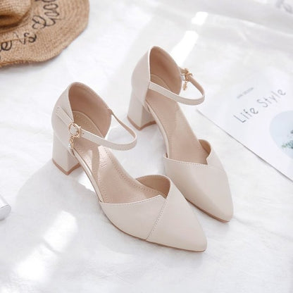 Sandália Feminina Elegante Bege Bico Fino Salto Médio Tira Fina Transpassada Fivela Sapatos de Escritório Diários