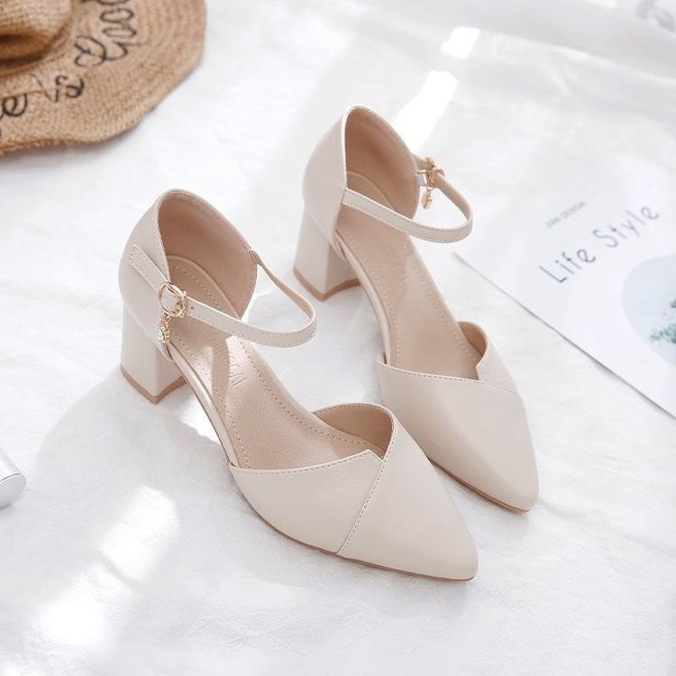 Sandália Feminina Elegante Bege Bico Fino Salto Médio Tira Fina Transpassada Fivela Sapatos de Escritório Diários