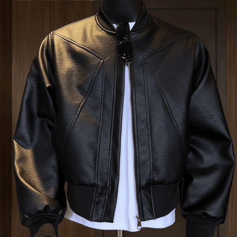 American Trend Retro Crack Leather Versatile Casual Jackets Stand Collar Leather Bomber 2025 Men's Fashion Commuter Leather Coat