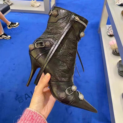 Autumn Winter Women Ankle Boots Sexy Pointed Toe Pole Dance High Heels Pumps Fashion Zip Rivet Chelsea Thin Shoes Female D171