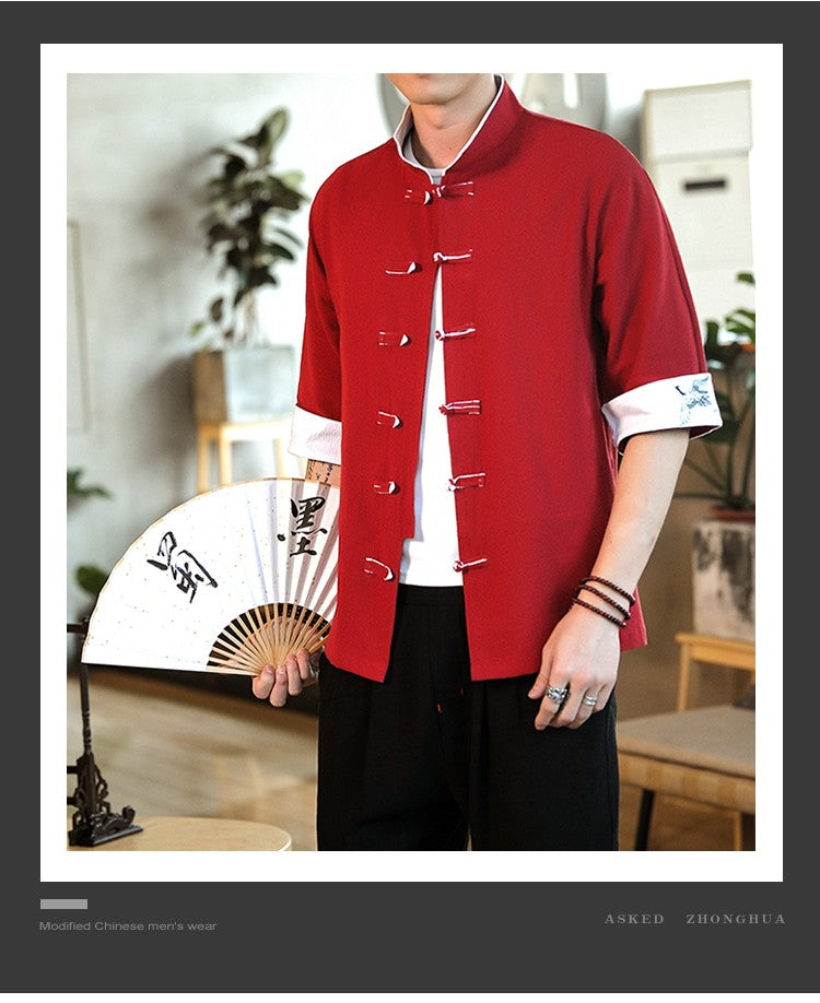 New Crane Embroidery Top Traditional Chinese Clothing for Men Vintage Half Sleeve Linen Shirts Solid Madarin Collar Hanfu Kungfu