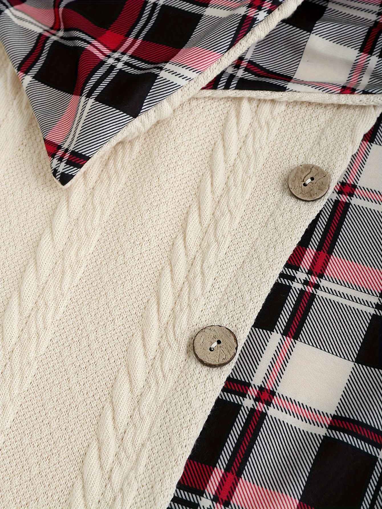 Knitted hooded dress plaid print stitching fake buckle high waist long sleeve A-line dress female