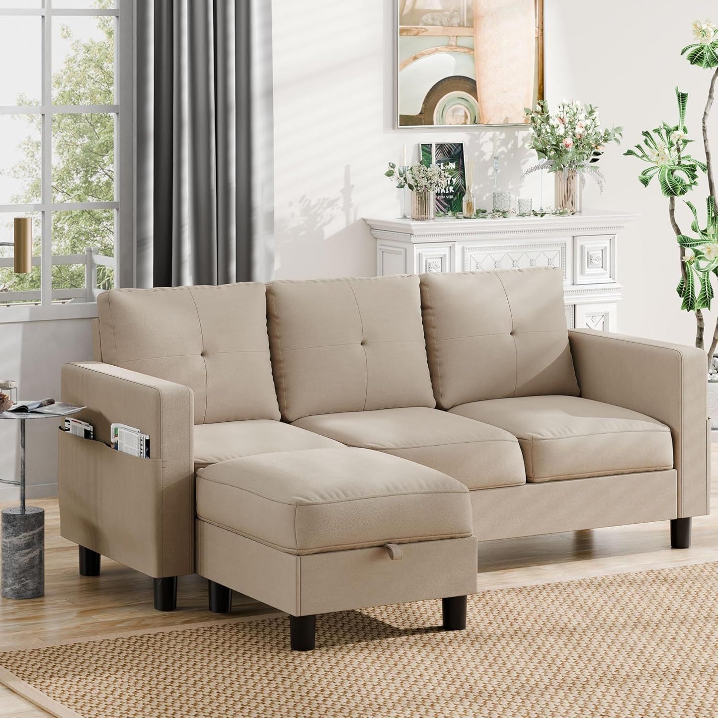 L-Shaped Couch 3 Seat Sofa Set with Linen Fabric and Ottoman Small Couch for Apartments, Black sofa set living room furniture