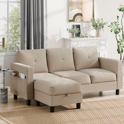 L-Shaped Couch 3 Seat Sofa Set with Linen Fabric and Ottoman Small Couch for Apartments, Black sofa set living room furniture