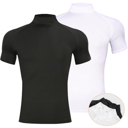 Mens Bodybuilding Sports Tight T-shirt Summer Compression Turtleneck Short Sleeve Gym Fitness Running Quick Dry Male Workout Top