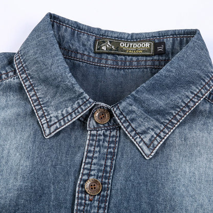 2023 Summer Denim Shirt Men Short Sleeve Cotton Outdoor Cargo Shirts High Quality Streetwear Blouses Cowboy Shirt For Men Blue