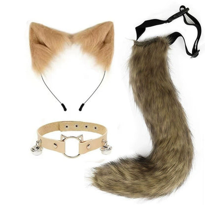 Costume Set Fox Tail Ears Gloves Artificial Fur Boot Covers Cosplay Halloween Prop Adult Women Men Unisex