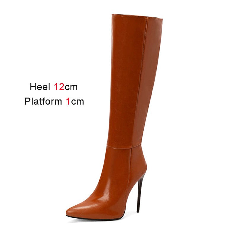 2023 Winter New Fashion Long Boots Comfortable Plush Women Warm High Heels 12CM Side Zipper Pointed Models Shoes Mujer Plus Size
