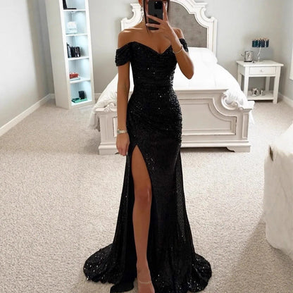 Casual Chic One-Shoulder Slit Dress Women's Fashion Party Wear Polyester Fiber Maxi Dress Regular Waistline No Sleeve