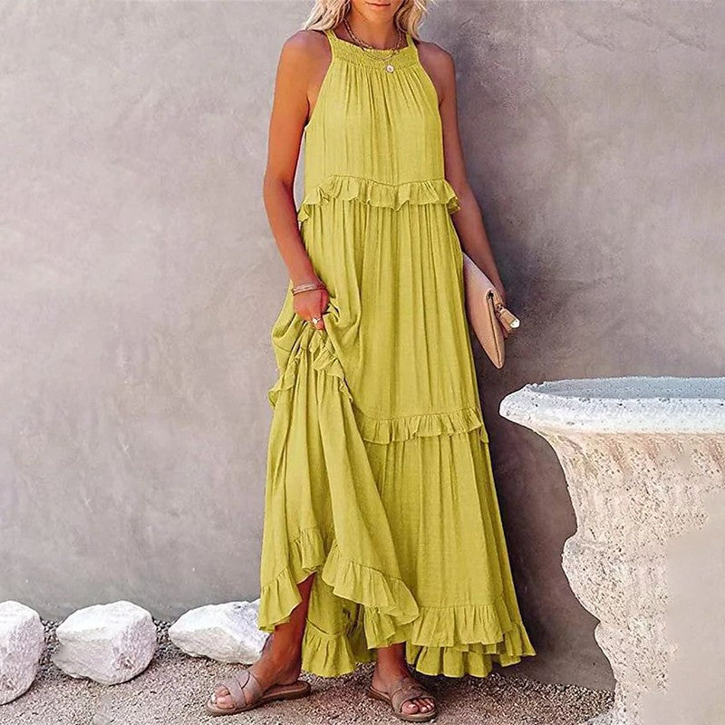 Women Casual Solid Ruffles Long Dress Summer Elegant Sleeveless Sundress Elegant