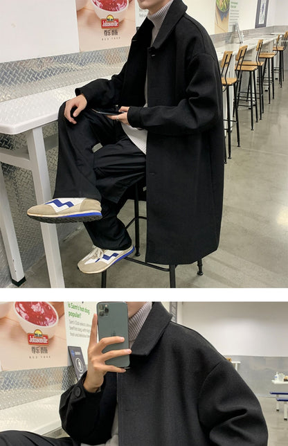 Blends Men X-long Autumn Winter Korean Style Trendy Loose Overcoats Solid Handsome All-match College Harajuku Clothing Mid-calf