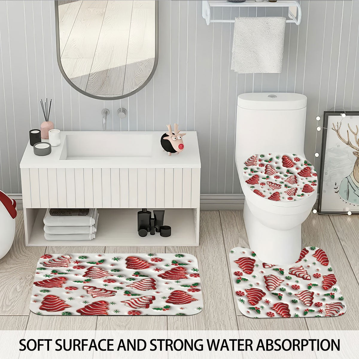 4pcs Christmas colored candy printed bathroom set 180x180 waterproof shower curtain, floor mat, toilet seat mat, U-shaped mat