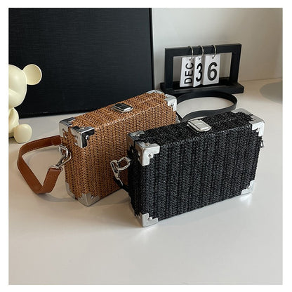 Couple's Sling Bag Straw Weaving with Corner Metal Decoration Boxy Shape Doctor Bag for Date Back to School Party Shoulder Bag