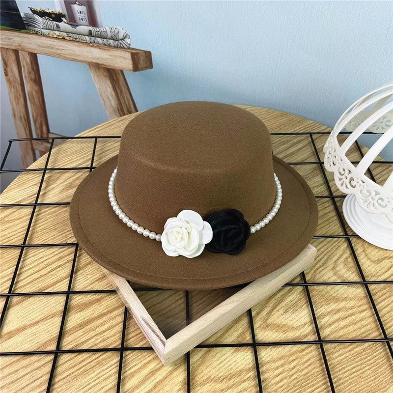 Chapéu Fedora Feminino Corrente Floral Alta Costura com Alfinetes de Pérola Boné em Relevo Preto Branco Outono Inverno Chapéu de Aba Larga para Meninas