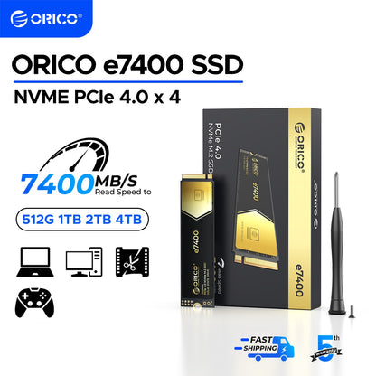 ORICO e7400 PCIe4.0 M.2 NVMe SSD PS5 7400MB/S Unidade de estado sólido interna Gen4 para computação de alto desempenho e gamers com uso intenso