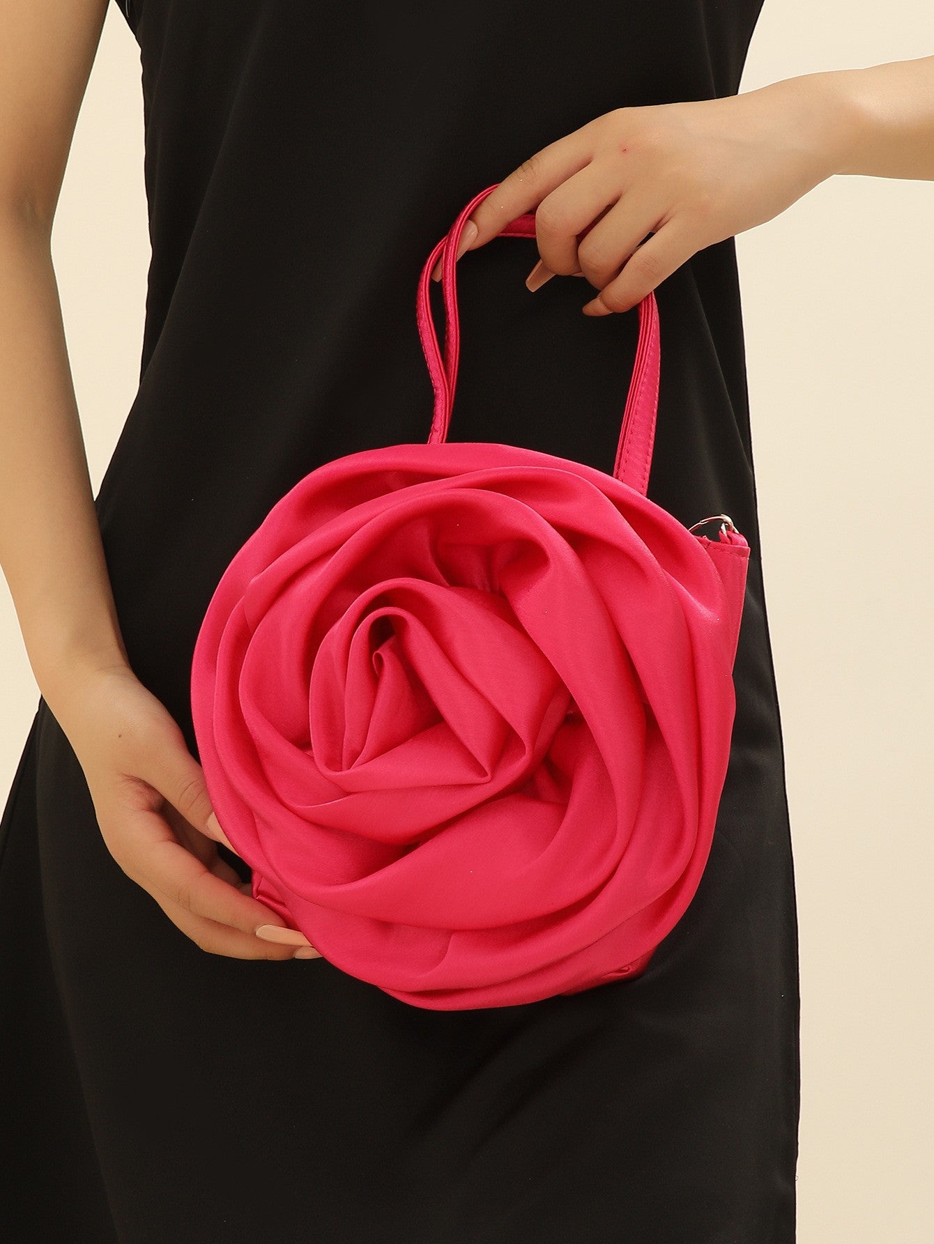 Luxury Rose Handbags Design Silk Pleated Flower Shoulder Bag Women Red Satin Round Evening Purse Wedding Party Clutches Female