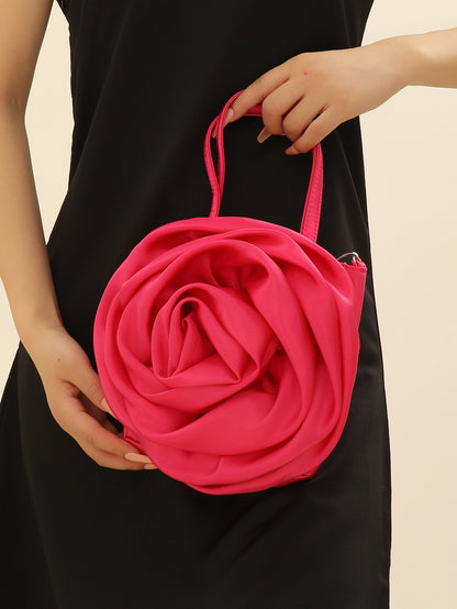 Luxury Rose Handbags Design Silk Pleated Flower Shoulder Bag Women Red Satin Round Evening Purse Wedding Party Clutches Female