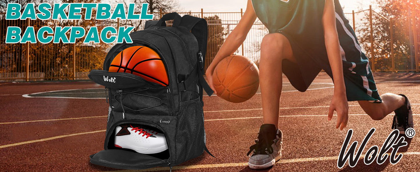 Wolt | Basketball Backpack Large Sports Bag with Separate Ball holder & Shoes compartment, Best for Basketball, Soccer, Voll