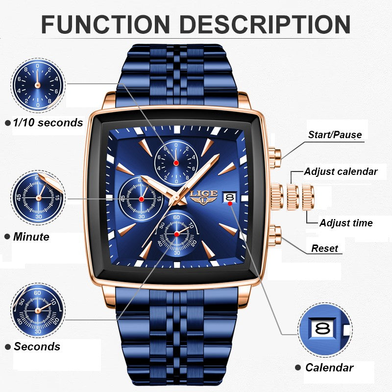LIGE Top Brand Luxury Mens Watches Fashion Military Square Chronograph Quartz Wristwatches For Men Sports Waterproof Watch Men