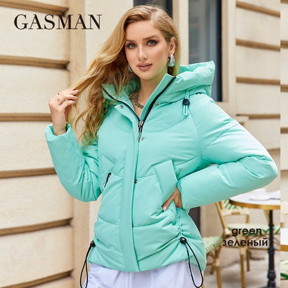 GASMAN 2023 Winter Down Jacket Women Short Classic zipper Design Pocket Stand Collar Hooded Slim Coat Women Parkas  83319