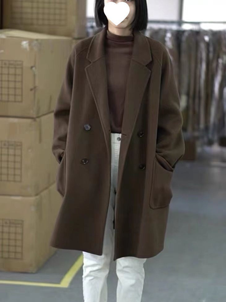 Plus Size Double-Sided Woolen Jacket Women's Midi Length Single-Breasted Loose Fit Fashionable Korean Style Suit Collar Macar...