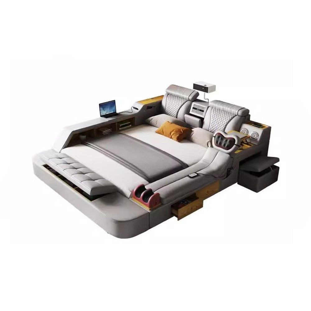 Linlamlim Ultimate Multifunctional Bedframe - Tech Smart Bed with Genuine Leather, Massage, Speaker, Projector, Air Purifier