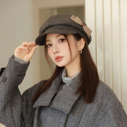 Retro Wool Bow Beret Solid Color Warm Painter Hat Versatile Y2k Newsboy Hat Female
