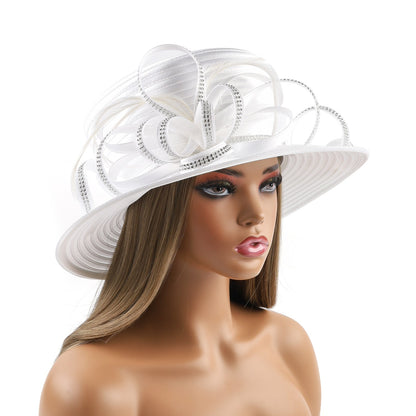 Deluxe New White Church Hat Party Banquet Satin Cloth Photography Hats Premium Chains Formal Hat Flower Top Cap For Women Ladies