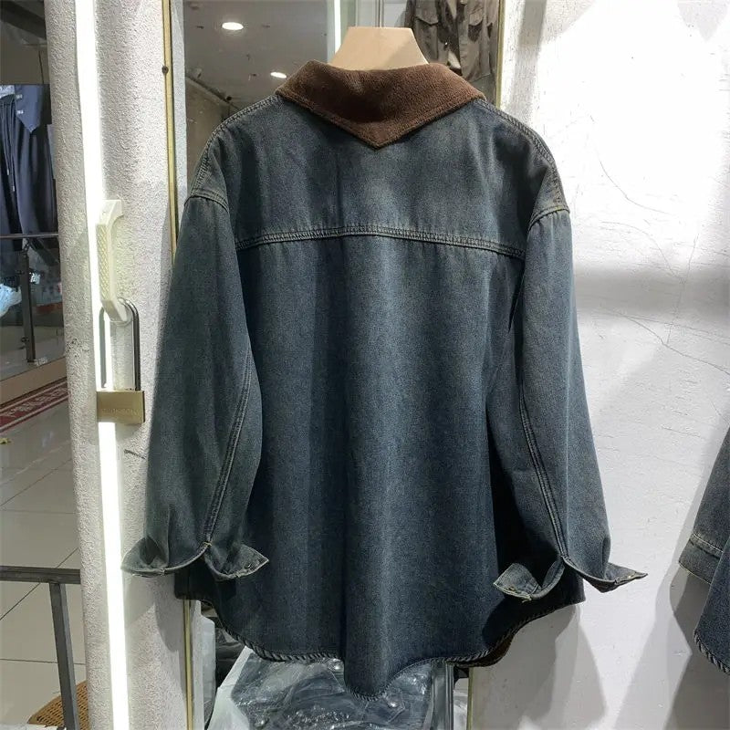 Women's Denim Blouse 2025 Autumn Winter Mid Length Version Add Velvet Ladies Tops Long Sleeve Versatile Lady Cowboy Shirt