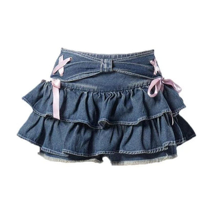 Women's Blue Black Riveted Belt Denim Skirt Y2K Harajuku High Street Fashion 90s Sexy A-line Mini Skirt Summer Clothing 2025 New