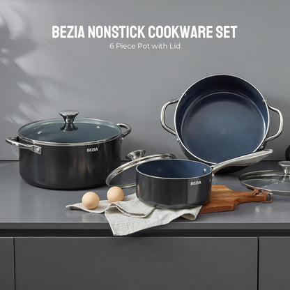 Conjunto de Panelas de Indução 6 Peças, Conjunto de Panelas Empilháveis para Cozinha, Panelas de 5.7L 4.5L e 1.9L com Tampas, Laváveis em Lava-louças e Seguras para Forno,