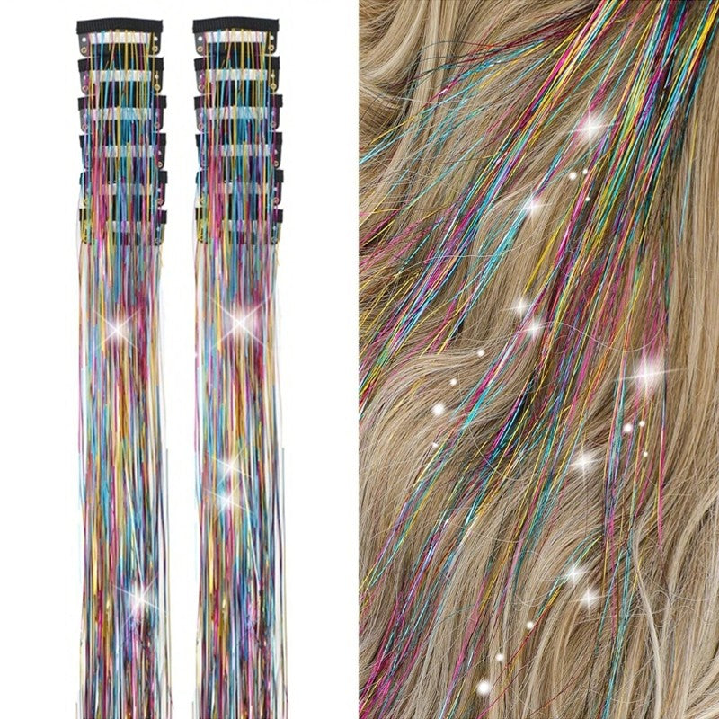 Pacote de 12 Unidades de Cabelo Extensor com Presilha, Tinsel Colorido com Brilho, Extensões de Cabelo de Fada, Acessório Cintilante para Festa de Mulheres, Meninas e Crianças
