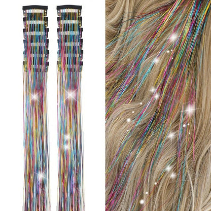 Pacote de 12 Unidades de Cabelo Extensor com Presilha, Tinsel Colorido com Brilho, Extensões de Cabelo de Fada, Acessório Cintilante para Festa de Mulheres, Meninas e Crianças