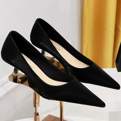 New Big Size Women's Boat Shoes Leather 4.5cm High Heels Pointed Toe Pumps Stilettos Basic Pump For Female White Black Wine Red