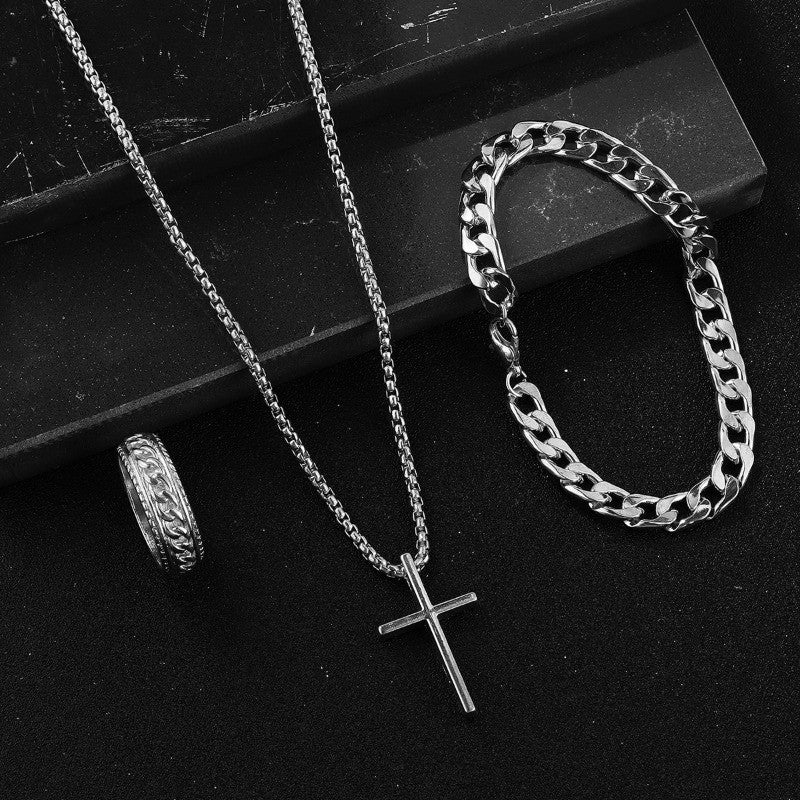 Conjunto 3 Peças Masculino de Aço Inoxidável Colar com Pingente de Cruz, Pulseira e Anel Joias Masculinas Acessórios Hip Hop para Uso Diário