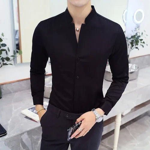 Mens Long Sleeve Shirt Autumn High Quality Stand Collar Casual Slim Solid Color Shirt Oversized Size 5XL Fashion Men Clothing