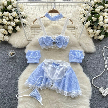 Bunny Complete Maid Cosplay Costume Set Ruffle Cosplay Vacation Halloween Outfit Halter Dress Set Outfit Costume Play Occasions