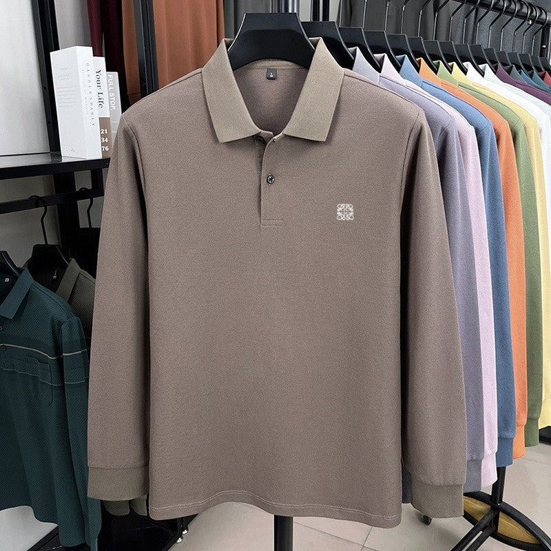 100% pure cotton spring and autumn fashionable men's collar striped long sleeved polo shirt brand embossed casual T-shirt