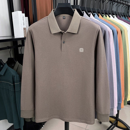 100% pure cotton spring and autumn fashionable men's collar striped long sleeved polo shirt brand embossed casual T-shirt