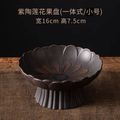 Qingxi Purple Pottery Tea Pastry Plate Handmade High Foot Dried Fruit Snack Large Integrated Drain Dessert Candy Dish Gift