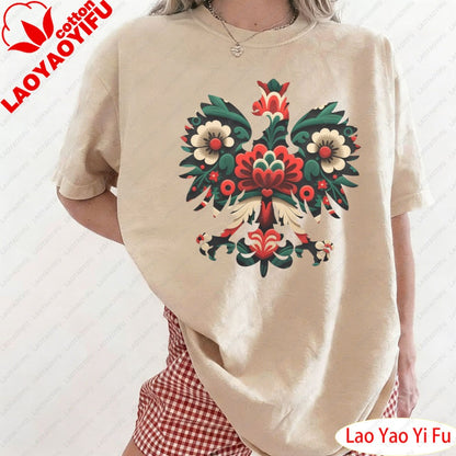 Polish Eagle Shirt Folk Art Christmas Design Clothes Botanical Flowers Tops Summer Women Retro Fashion Graphics Tees