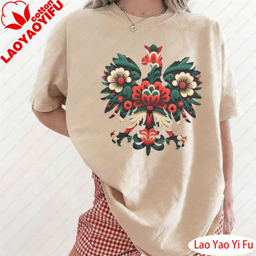 Polish Eagle Shirt Folk Art Christmas Design Clothes Botanical Flowers Tops Summer Women Retro Fashion Graphics Tees