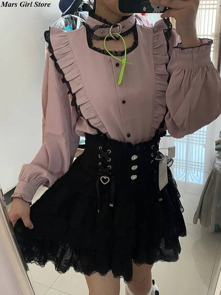 Japanese Lolita Lace Layered Skirt Women Anime High Waist Maid Style Sweet Ruffle Cake Skirt Kawaii Harajuku A-Line Mini Skirt