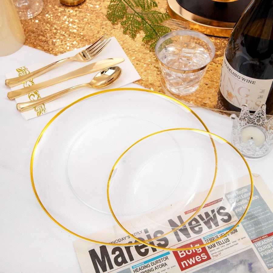 350PCS Clear and Gold Plastic Plates Gold Disposable Plastic Dinnerware Set for 50 Guests Include 100 Plastic Plates 150 Gold C