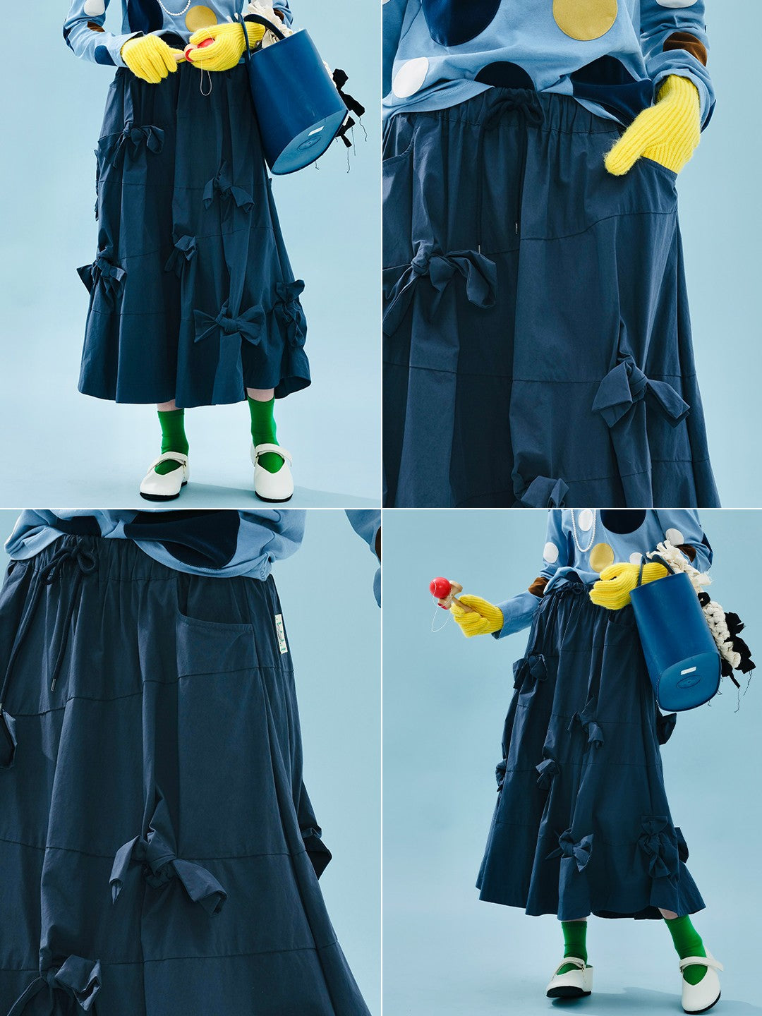 imakokoni 2025 Early Autumn Artistic Washed Braided Bow Half-Dress Casual Retro Women's A-Line Skirt255188