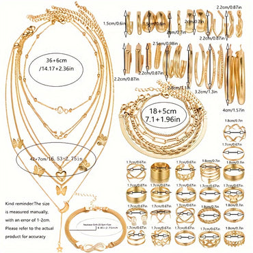 58PCS Set Maximum Mix Gold Plated Metal Jewelry Set Necklace Hoop Earrings Rings Bracelets for Women Accessories No Box Included