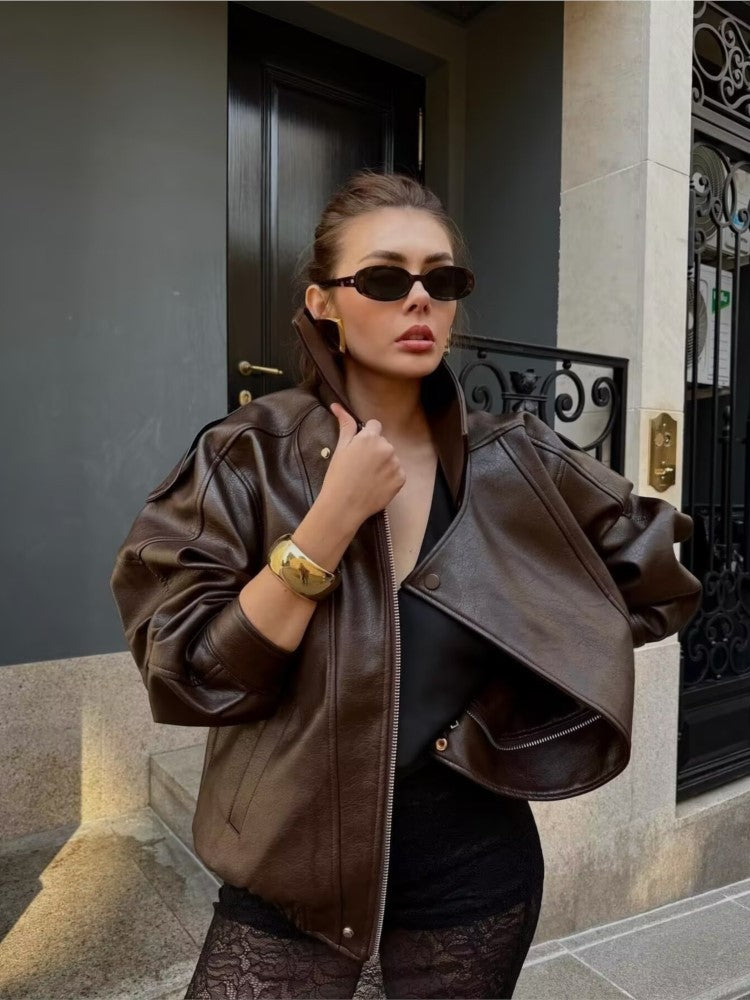 NERHEFZ Women Leather Jacket with Zipper Autumn Asymmetry Turn Down Collar Long Sleeve Button Lady Coats Causal Female Chic Tops