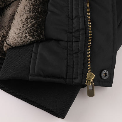 Men's Winter Black Aviator Jacket with Detachable Faux Fur Trimmed Hooded Cold Fashion Embroidered Badge and Zipper Pockets